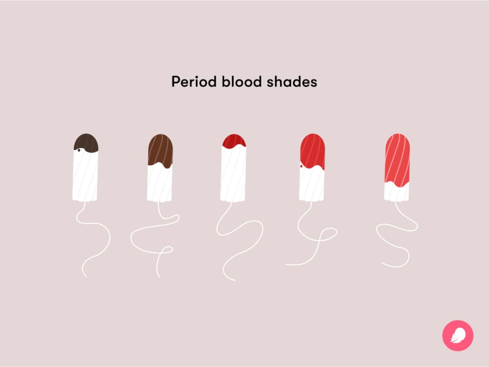 Single image Blood tends to be a brighter shade of red during the middle of your period, and a darker brown color towards the beginning and end of menstruation