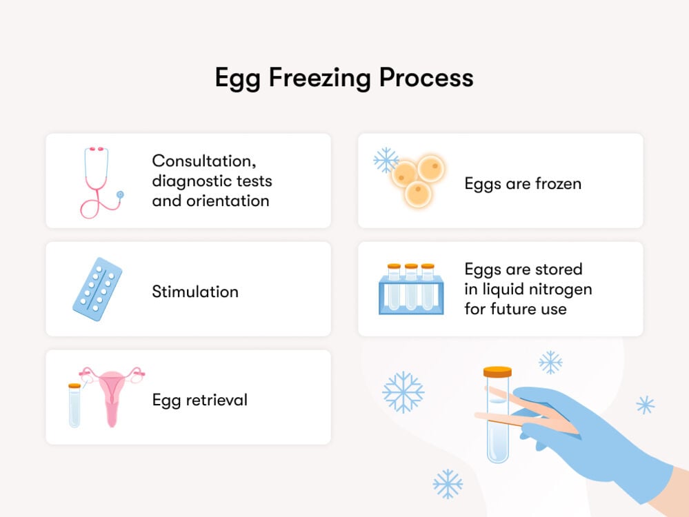 egg freezing process The egg freezing process includes medical consultation to assess ovarian reserve, blood tests, and pelvic ultrasound. Ovarian stimulation is carried out using injectable hormonal medications, followed by egg retrieval under sedation.