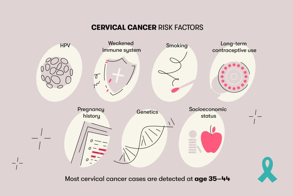 Cervical cancer risk factors Cervical cancer risk factors include genetics, sexually transmitted infections (STIs), a weak immune system, smoking, long-term use of birth control pills, pregnancy history, and socioeconomic status.