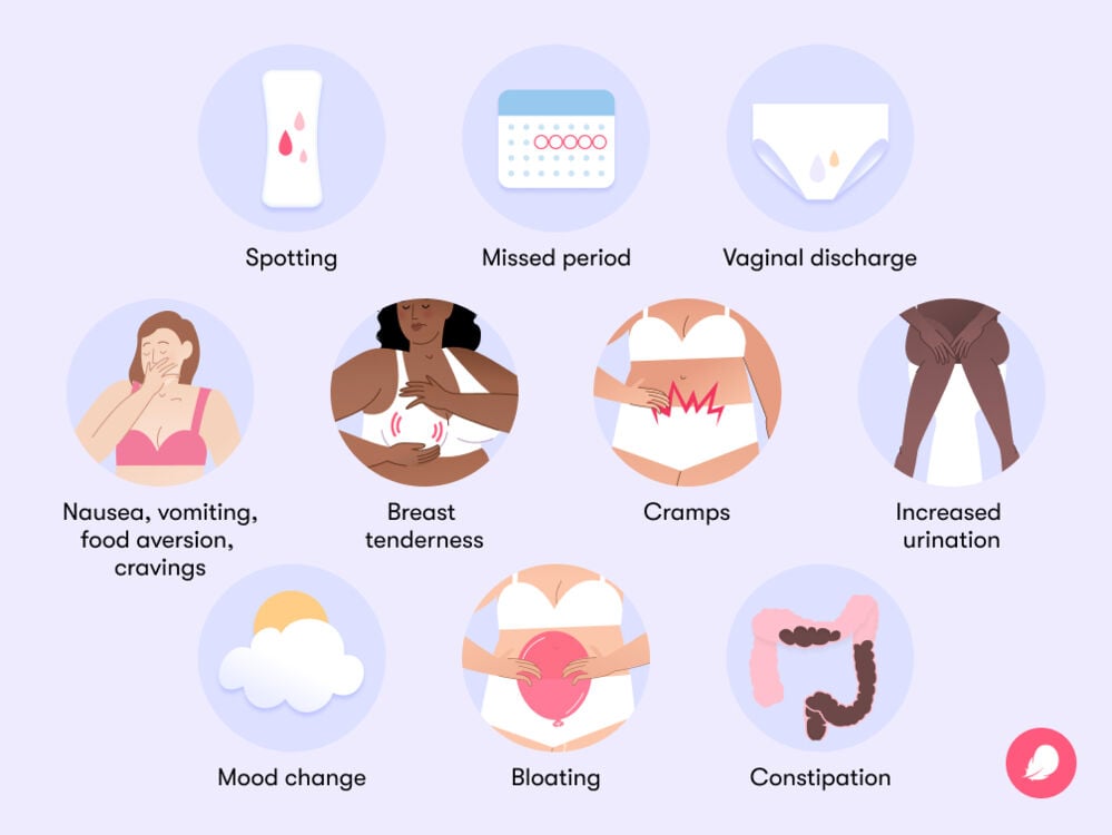 early signs of pregnancy Some of the signs of pregnancy in women with irregular periods include spotting, breast tenderness, constipation, mood change and missed periods