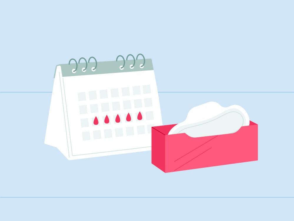 period dates mapped out on a calendar with some period pads period marked out on a calendar