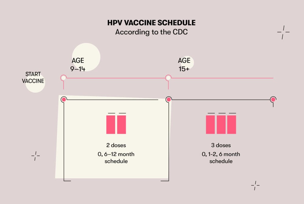 HPV vaccine schedule The CDC recommends administering two doses of the HPV vaccine to girls between the ages of 9 and 14, spaced at least six months apart. For girls over 15, three doses are advised, with each dose given no more than six months apart.