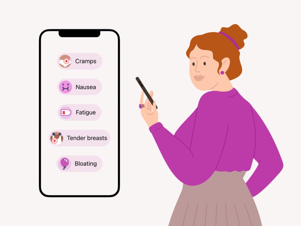 woman looking at some of the symptoms at 5 DPO on her phone The main 5 days past ovulation (DPO) symptoms are cramps, nausea, bloating, sensitive breasts and fatigue