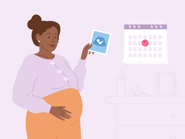 pregnant woman looking at her ultrasound scan with her due date marked on a calendar pregnant woman looking at her ultrasound scan