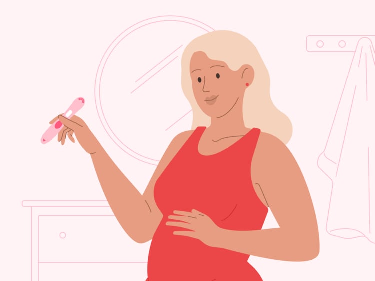 Pregnant woman in first trimester holding a pregnancy test and smiling Pregnant woman in first trimester holding a pregnancy test and smiling