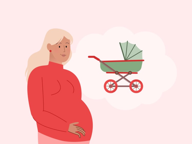 woman in her third trimester of pregnancy thinking about buying a pram pregnant woman thinking about buying a pram