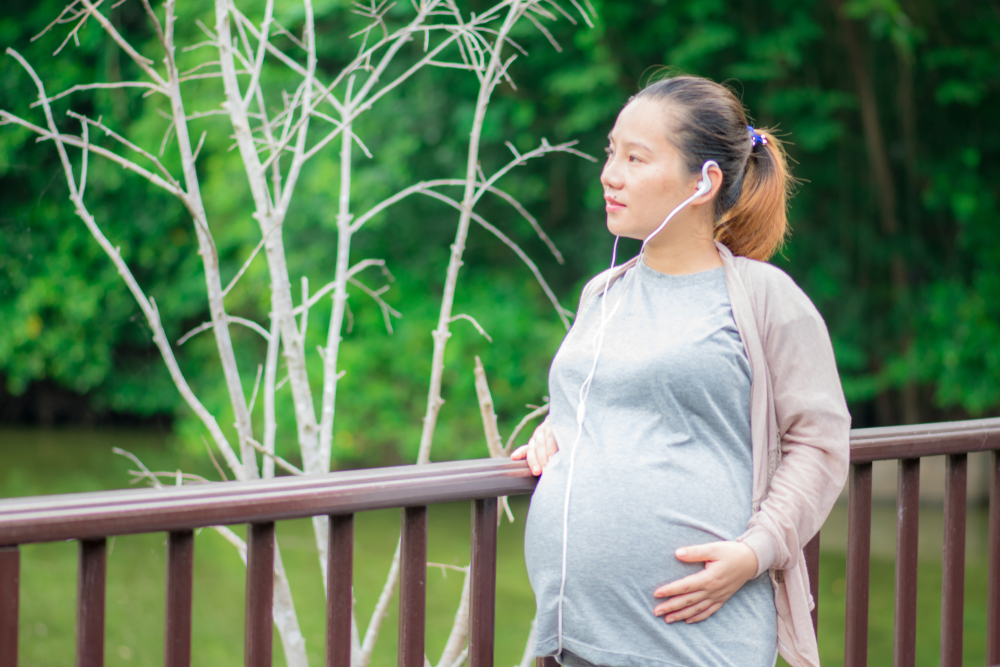 Pregnant woman is walking on wood bridge in the park. Pregnant woman is walking on wood bridge in the park.