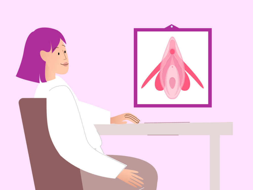 An illustration of a person sitting by a desk and looking at a clitoris diagram