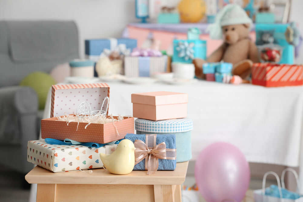 Gifts for baby shower on stool indoors