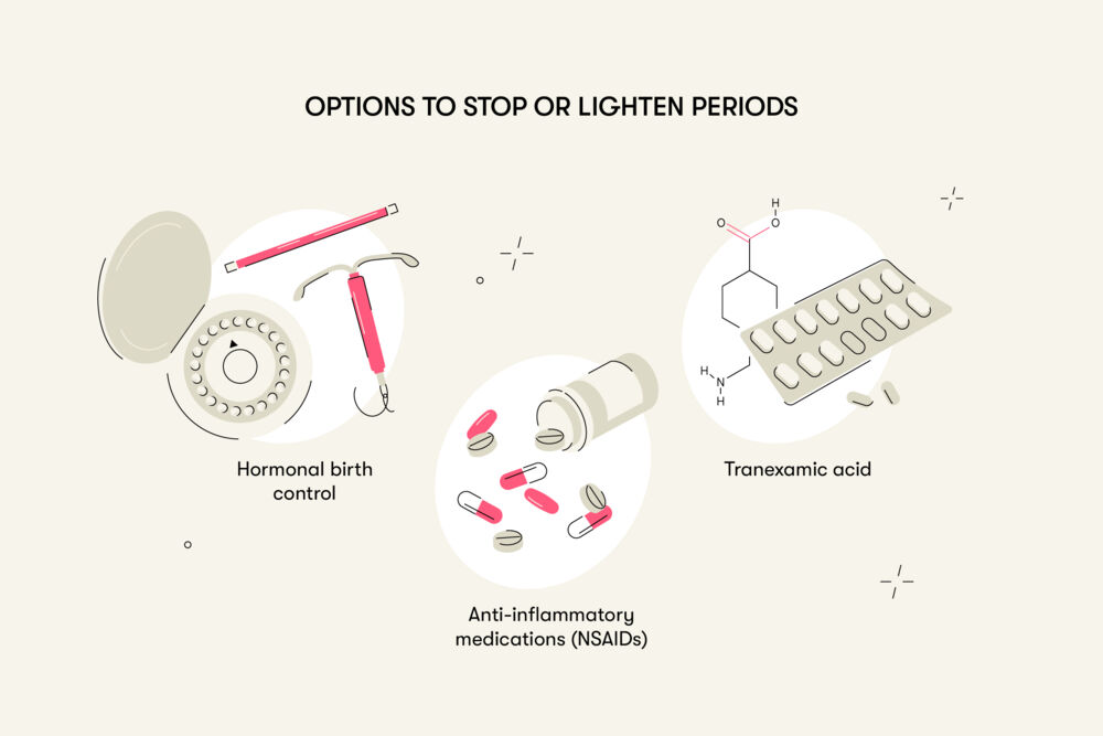 While there’s no way to stop menstruation once it starts, you can make the period lighter by taking hormonal birth control, anti-inflammatory medications or tranexamic acid