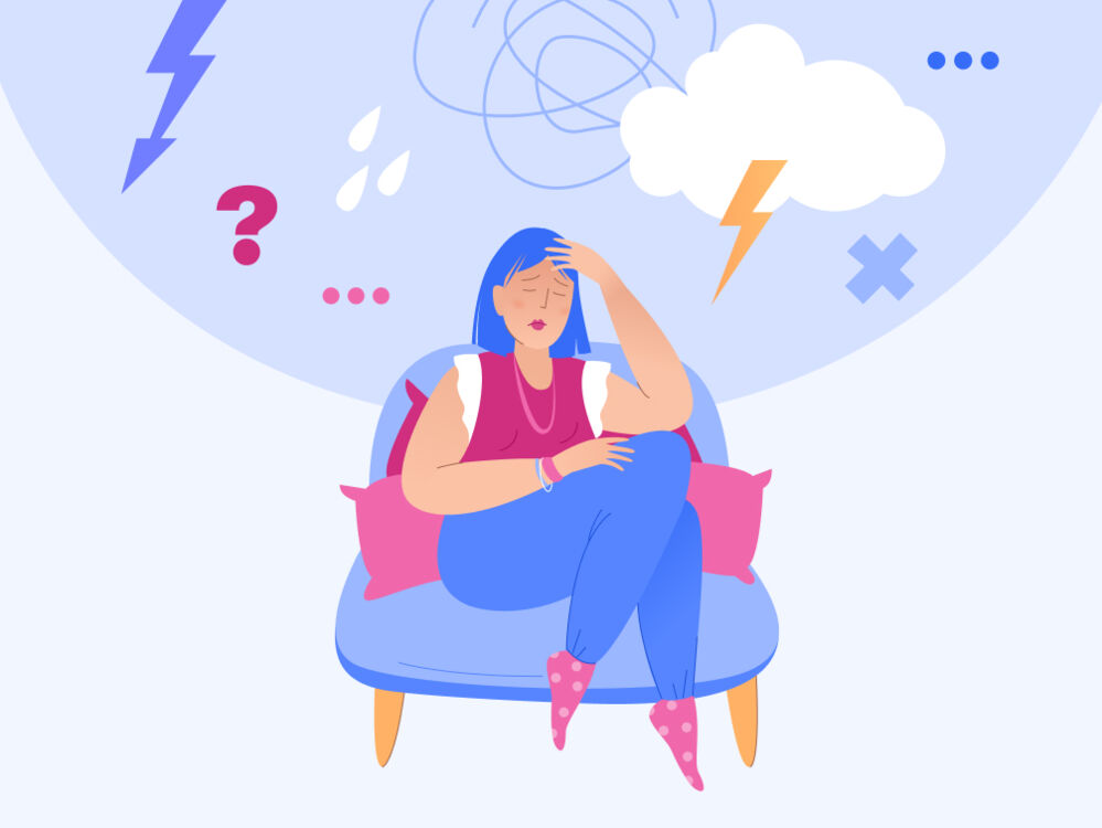 Illustration of a woman overwhelmed with a cloud over their head