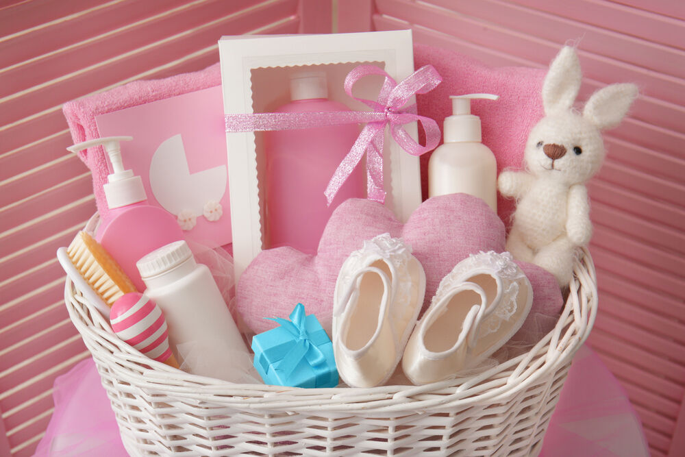  basket with baby shower gifts