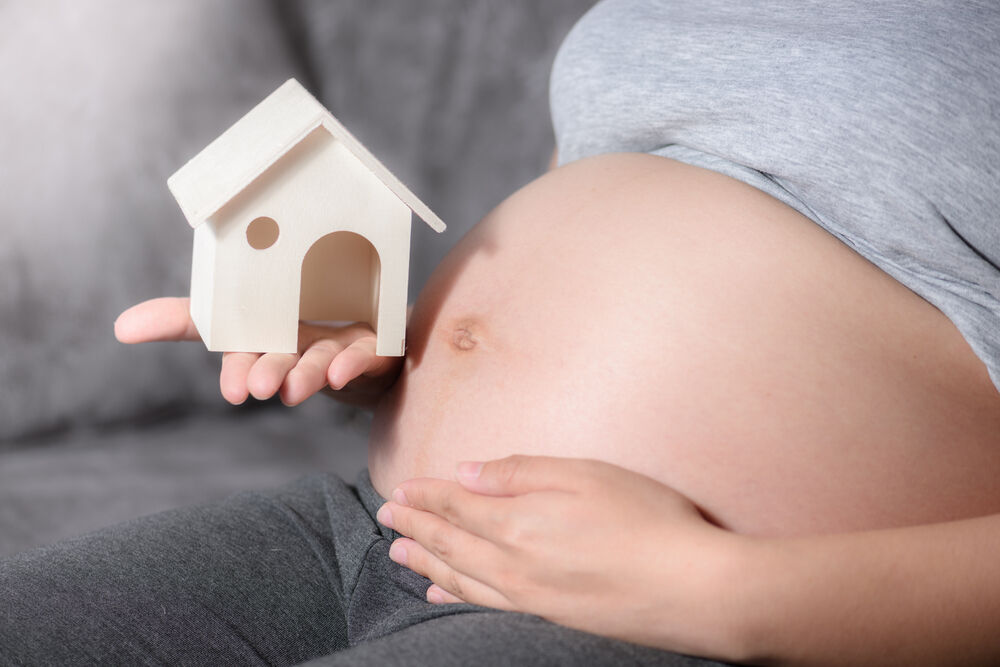 pregnant woman with model home on her belly