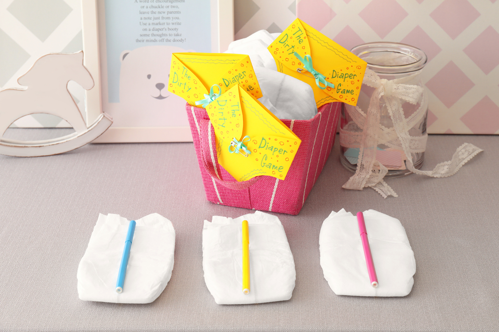 Diapers for game on table at baby shower party Diapers for game on table at baby shower party
