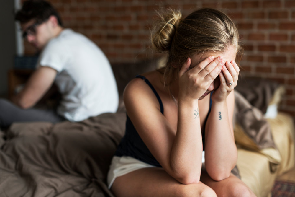 A woman upset over condom stealthing A woman upset over condom stealthing