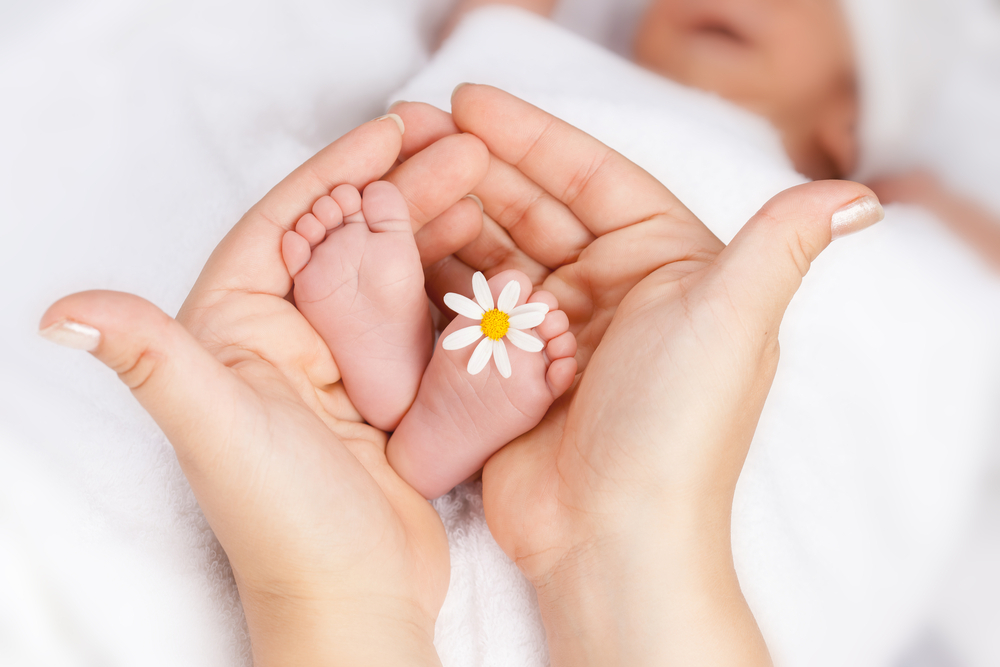 A flower and baby feet representing flower girl names A flower and baby feet representing flower girl names