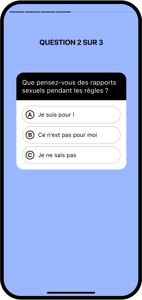 Capture d’écran de l’appli Flo à deux montrant une fonctionnalité de quiz